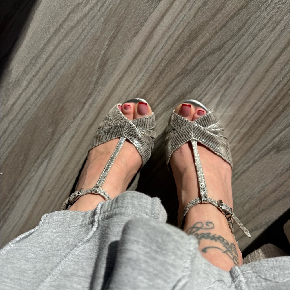 ANTONIO MELANI Metallic Silver T-Strap Heels